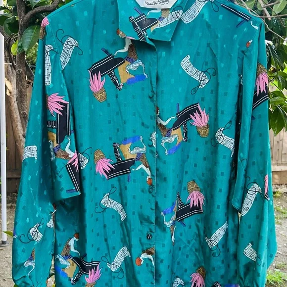 VINTAGE 80s Diane Von Furstenberg DVF Piano Player Art Deco Blouse Teal M - Picture 1 of 7